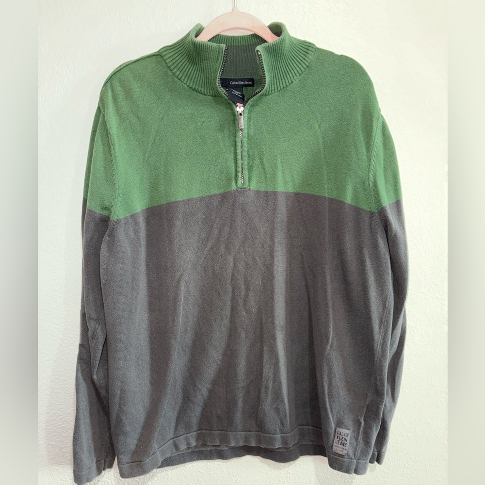 Calvin Klein Jeans Men's Green and Gray Zip-Up Sweater
